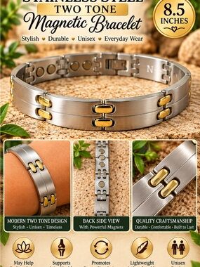 Two-Tone Magnetic Bracelet — Silver & Gold Stainless Steel